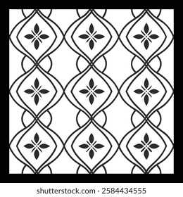 Ornate Black and White Floral Vector Pattern | Decorative Geometric Tile for Textile, Fashion, Interior and Carpet | Timeless Digital Art with Classic Aesthetic and Luxurious Vintage-Inspired Texture.