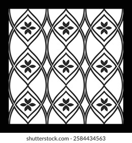 Ornate Black and White Floral Vector Pattern | Decorative Geometric Tile for Textile, Fashion, Interior and Carpet | Timeless Digital Art with Classic Aesthetic and Luxurious Vintage-Inspired Texture.
