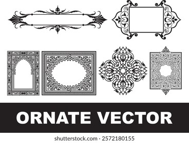  Ornate black and white frames, intricate geometric patterns, Islamic art inspired designs, vintage decorative borders, filigree ornaments, Art Nouveau flourishes, symmetrical motifs, arabesque design