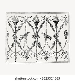 Ornate black and white illustration featuring torches, birds, and floral motifs. Intricate design with vintage, decorative, and classical elements throughout. Decorative ornament vector.