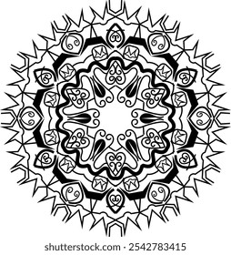 Ornate Black and White Mandala with Abstract Heart and Zigzag Elements, Ideal for Coloring Pages, Meditation, Mindfulness,
 Decorative Art, Zen-inspired Designs, Tattoo Art, and Spiritual Graphics
