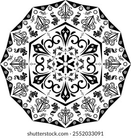 Ornate Black and White Mandala Pattern, Ideal for Decorative Design, Islamic Art, Spiritual Themes, Meditation Aids, Tattoos, Wall Art, and Cultural Symbolism Projects