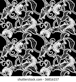 Ornate black and white repeating seamless tile pattern of flowers and butterflies in a Japanese style