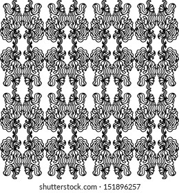 An ornate black and white seamless pattern with wavy lines.