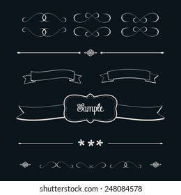 Ornate blackboard vector ribbons, frames, dividers and filigree for design elements
