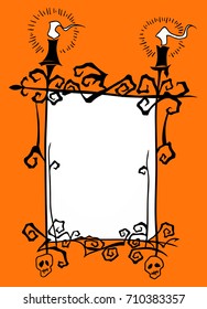 Ornate blank frame with glowing candles. Hand drawn Halloween celebration design element symbol. Vector illustration in traditional black, white and orange.
