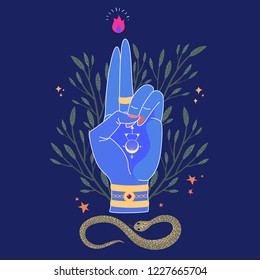 Ornate blessing hand with sacred symbols in bohemian style. Hand drawn vector illustration