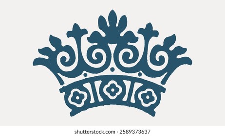 Ornate blue crown design with floral patterns and swirls. Decorative crown motif, elegant and regal. Intricate crown illustration, stylish and artistic. Vintage art illustration, vector.