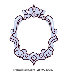 Ornate blue frame with carved filigree for mirror and picture. Funny swirls and flourishes in Victorian style decorate frame. Art museum mascot, retro photo border cartoon vector illustration