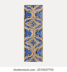 Ornate blue and gold tile with intricate patterns. The tile features blue and gold designs, showcasing ornate and intricate craftsmanship in blue and gold hues. Vintage art drawing, isolated vector.