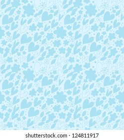 Ornate blue seamless pattern with many cute details. Decorative romantic background with hearts and flowers. Hand drawn damask texture for wallpapers, crafts, scrapbooking, prints