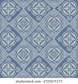 Padrão em forma de diamante azul e branco ornamentado com motivos florais em um design repetido