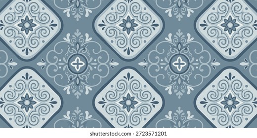 Azulejos adornados con motivos azules y blancos dispuestos en un diseño repetitivo con motivos florales y Formas giratorias