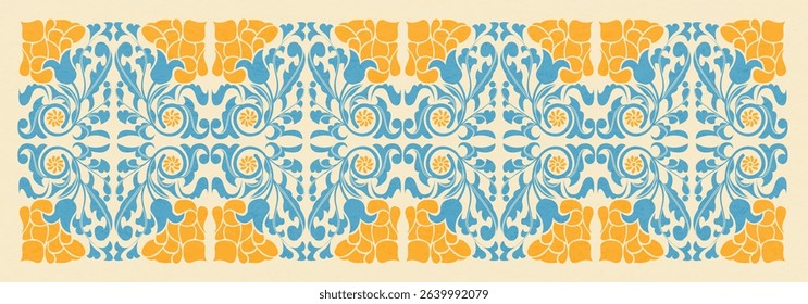 Ornate blue and yellow floral patterns form a seamless symmetrical border on a beige background, inspired by traditional motifs. Perfect for packaging, wedding invites, or cultural event decor.
