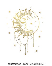 Ornate bohemian golden moon with face and closed eyes, adorned with jewels, stars and beads. Vintage handmade tattoo. Celestial symbol for tarot cards and astrology. Vector illustration isolated on