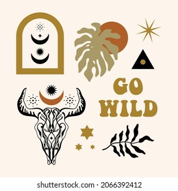 Ornate boho chic style ethnic logos set native american bull skull horns tribal hand drawn vector illustration
