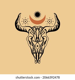 Ornate boho chic style ethnic tattoo native american bull skull horns tribal hand drawn vector illustration