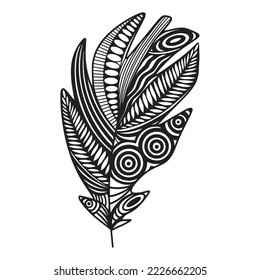 Ornate boho feather isolated vector. Beautiful hand painted bird feather. Black monochrome silhouette. Print and cut out illustration