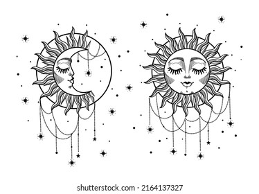Ornate boho sun and moon face. Linear hand drone icon for witch, tarot, astrology. Mystical heavenly vector symbol isolated on white, sketch graphic.