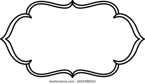 An ornate border frame with curved, symmetrical lines in a minimalist style. The outline creates a sophisticated and classic frame shape with smooth edges. Cartoon vector illustration.