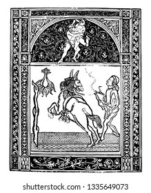 Ornate Border have human figure in the center of frame in this pattern, vintage line drawing or engraving illustration.