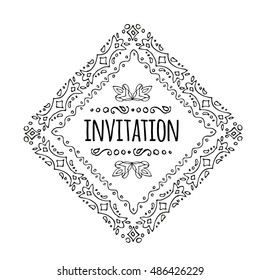 Ornate border pen and ink.Paisley style. The frame is diamond shaped.A template for creating invitations, postcards, holiday greetings.Vector sketch. Ethnic pattern.