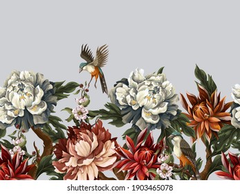 Ornate border with vintage peonies, roses and 
chrysanthemums. Vector
