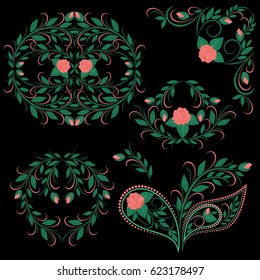 Ornate borders and angle with roses,paisley and leaves. Trandy stencils for interior decoration, embroidery . Natural pattern - object isolated. Vector set of various ornaments, deco template.