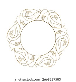 Ornate quadro de círculo botânico com folhas e redemoinhos. Contorno de coroa decorativa elegante