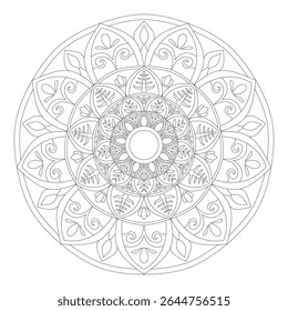 Ornate Botanical Mandala Coloring Page - Intricate Leaf Pattern Circle Design Vector Art for Adult Meditation and Stress Relief Therapy