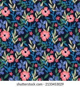 Ornate botanical pattern with hand drawn plants. Seamless floral pattern with various flowers, leaves and herbs in a dense composition. Colorful background, botanical surface. Vector illustration.