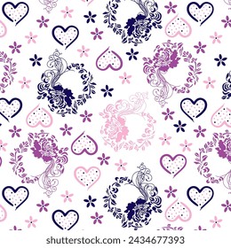 Ornate Branched roses and wildflowers with polka dot hearts pattern