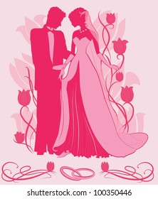 Ornate Bride  and Groom Silhouette on floral tulip background