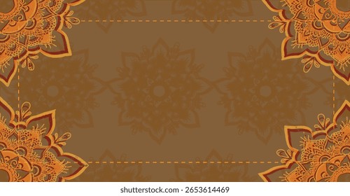 An ornate brown background features a central rectangular space bordered by a dashed line, framed by intricate orange mandala designs in the corners and subt...