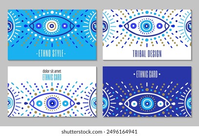 Ornate business card set with of Turkish evil eye symbol pattern. Ethnic style blue greek protection from the spoilage signs with golden details. EPS 10 vector.