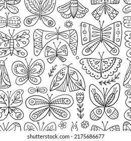 Ornate butterflies. Seamless pattern background for your design. Colouring page