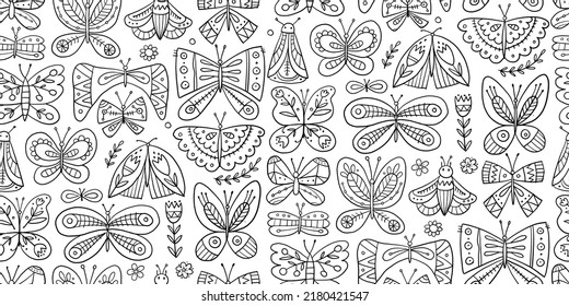 Ornate butterflies. Seamless pattern background for your design. Colouring page