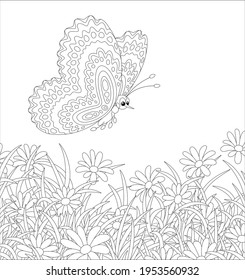 Ornate butterfly flying over beautiful wildflowers on a pretty summer field, black and white outline vector cartoon illustration for a coloring book page