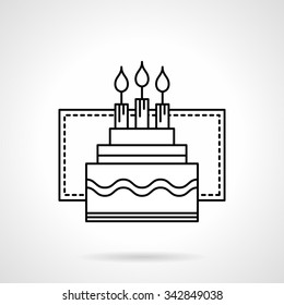 Ornate cake with three candles. Desserts for celebration and party. Flat line style vector icon. Elements of web design for business, website and mobile