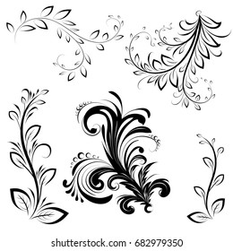 Ornate, calligraphic design elements with leaves. Decorative twists. Vector design elements.