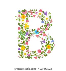 ornate capital letter font consisting of the spring flowers and flying hummingbirds. floral letter b