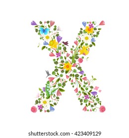 ornate capital letter font consisting of the spring flowers and flying hummingbirds. floral letter x