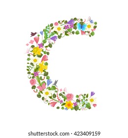 ornate capital letter font consisting of the spring flowers and flying hummingbirds. floral letter c