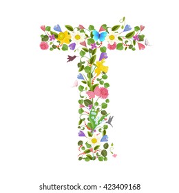 ornate capital letter font consisting of the spring flowers and flying hummingbirds. floral letter t