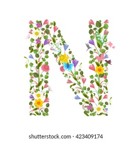 ornate capital letter font consisting of the spring flowers and flying hummingbirds. floral letter n