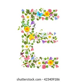 ornate capital letter font consisting of the spring flowers and flying hummingbirds. floral letter e