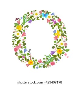 ornate capital letter font consisting of the spring flowers and flying hummingbirds. floral letter o