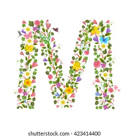 ornate capital letter font consisting of the spring flowers and flying hummingbirds. floral letter m
