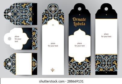 Ornate cards in oriental style. Bright Eastern floral decor on dark backdrop. Template vintage frame for greeting card and wedding invitation. Vector labels with place for your text.