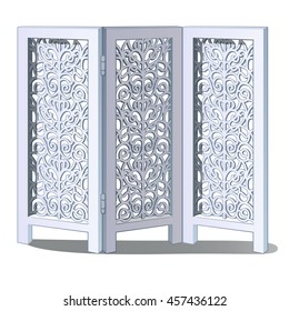 Ornate carved folding screen isolated on white background. Vector.